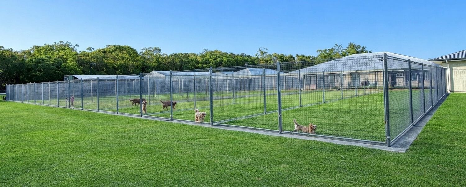 Dogs in the grass play yards behind mesh fencing at Little Paws Big Hearts in the Redlands.